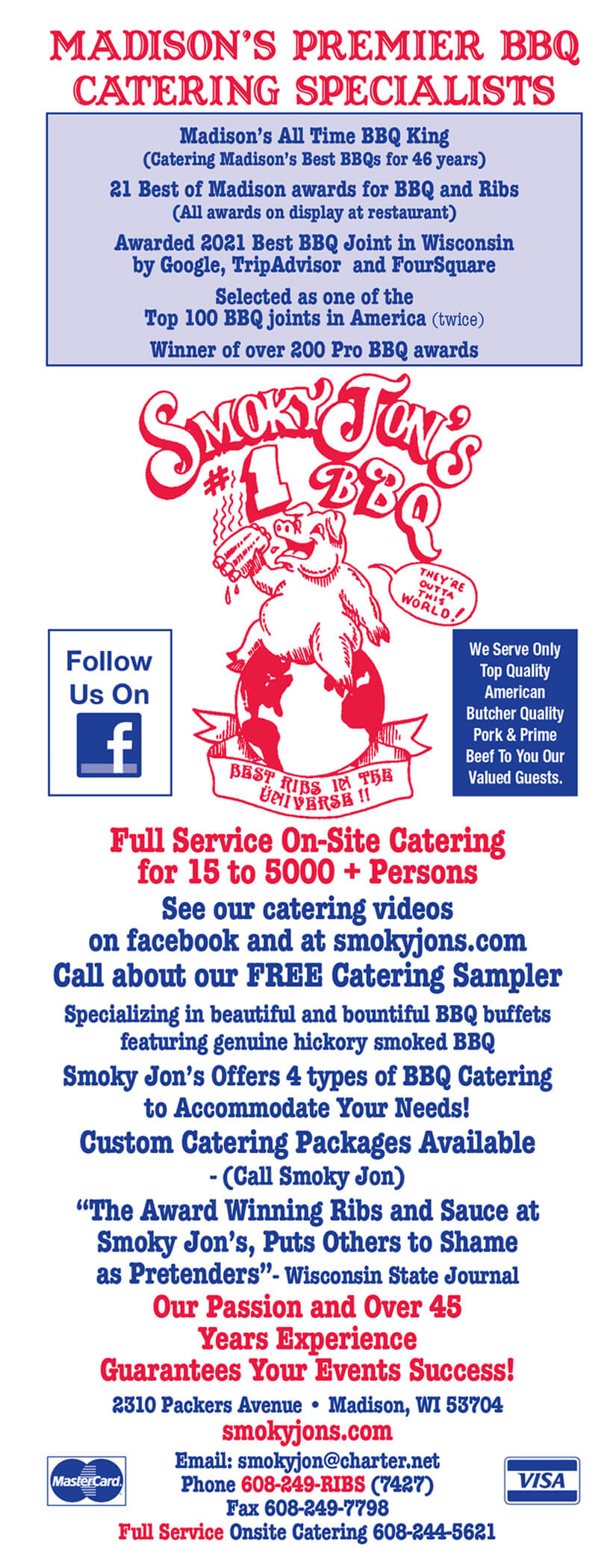 Smoky Jon's #1 BBQ Restaurant & Catering of Madison, WI â Call 608-249-RIBS (7427) â Catering Menu